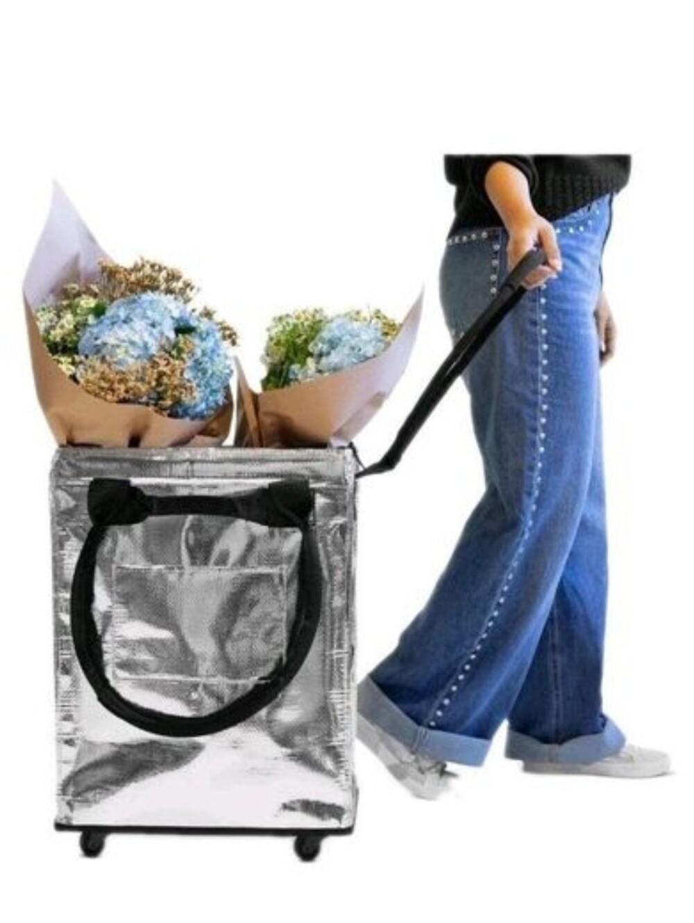 CleverMade Foldable Rolling Tote Bag 18"W x 24"H Soft Grip 90L 75lb Silver New